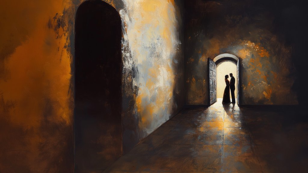 A husband and wife embracing in a doorway of light